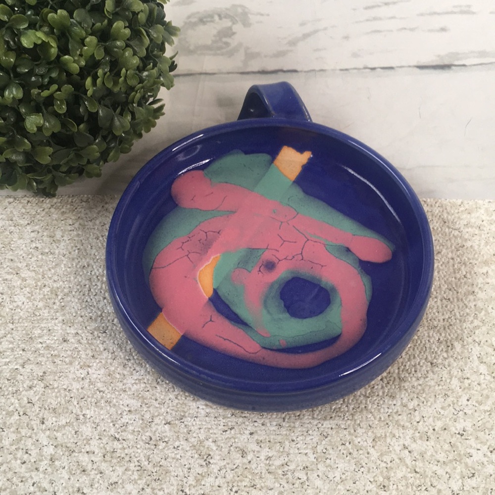 Art Pottery Glazed Trinket Dish Bowl Royal Blue Purple Pink Teal Clay Signed